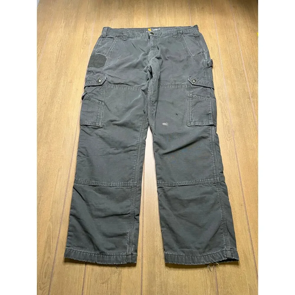Vintage Carhartt Green Ripstop‎ Cargo Double Knee flannel-lined Actual Sz 38x30